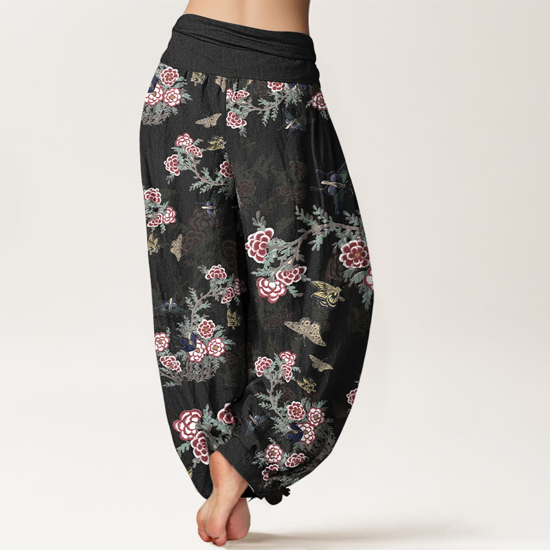 Pantaloni harem da donna con elastico in vita, motivo a farfalla, fiori e foglie in cotone Buddha Stones - image 1