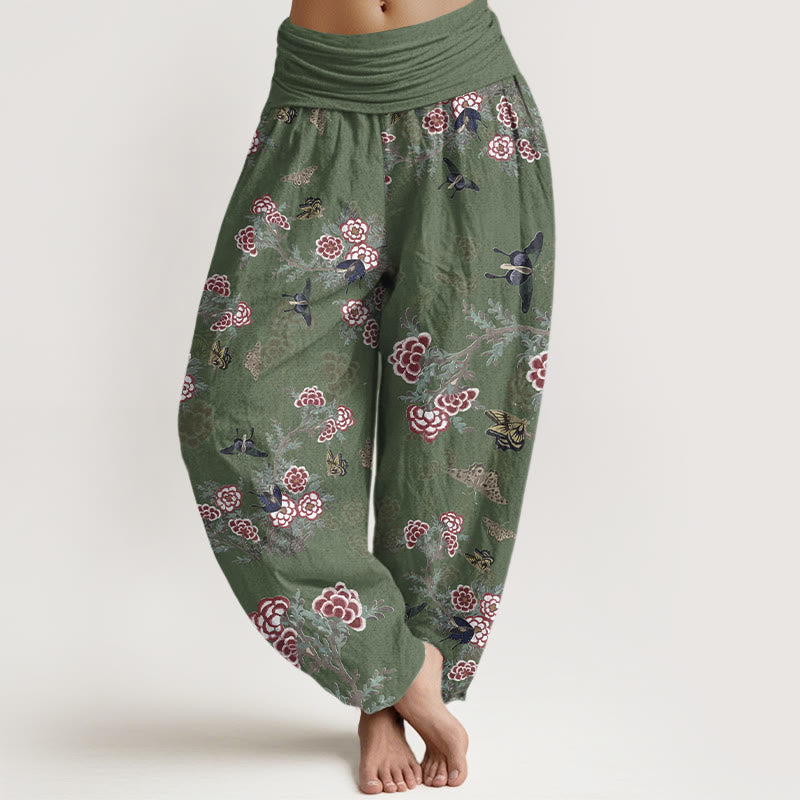 Pantaloni harem da donna con elastico in vita, motivo a farfalla, fiori e foglie in cotone Buddha Stones - SeaGreen - US16, UK/AU20, EU48 (3XL) - image 5