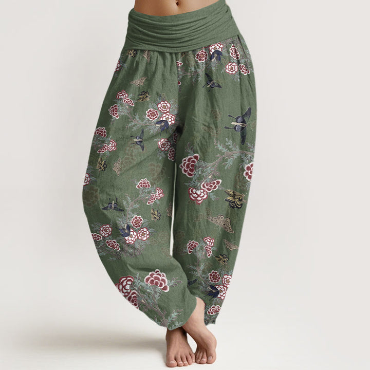 Pantaloni harem da donna con elastico in vita, motivo a farfalla, fiori e foglie in cotone Buddha Stones - SeaGreen - US16, UK/AU20, EU48 (3XL) - image 5
