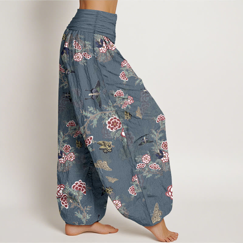 Pantaloni harem da donna con elastico in vita, motivo a farfalla, fiori e foglie in cotone Buddha Stones - image 10