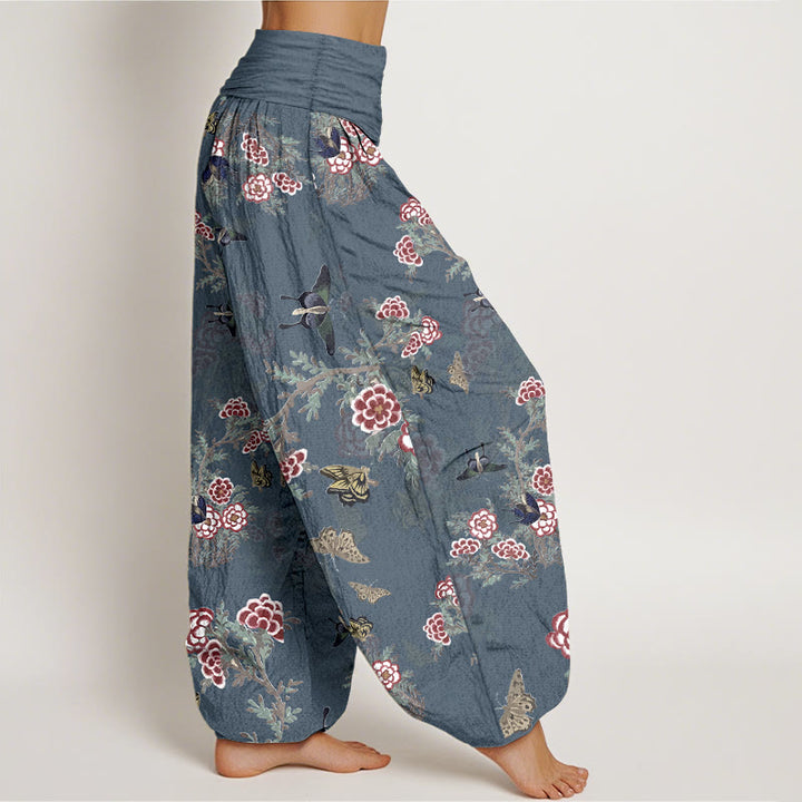 Pantaloni harem da donna con elastico in vita, motivo a farfalla, fiori e foglie in cotone Buddha Stones - image 10