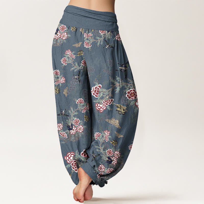 Pantaloni harem da donna con elastico in vita, motivo a farfalla, fiori e foglie in cotone Buddha Stones - image 9