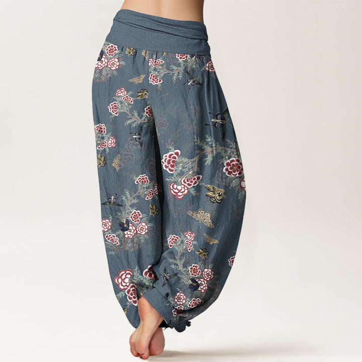 Pantaloni harem da donna con elastico in vita, motivo a farfalla, fiori e foglie in cotone Buddha Stones - image 9