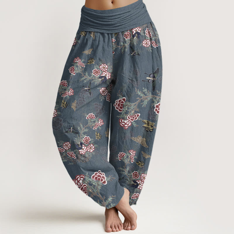 Pantaloni harem da donna con elastico in vita, motivo a farfalla, fiori e foglie in cotone Buddha Stones - DarkSlateBlue - US16, UK/AU20, EU48 (3XL) - image 8