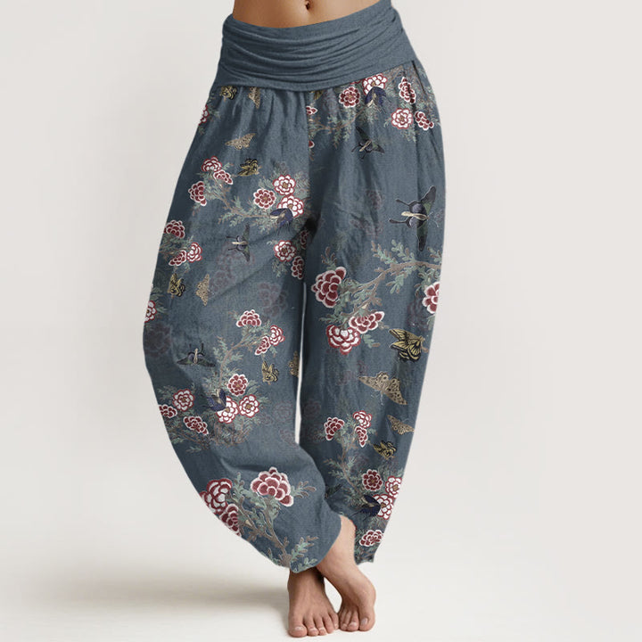 Pantaloni harem da donna con elastico in vita, motivo a farfalla, fiori e foglie in cotone Buddha Stones - DarkSlateBlue - US16, UK/AU20, EU48 (3XL) - image 8