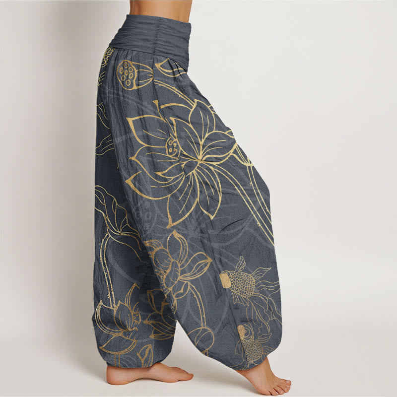 Pantaloni harem da donna con elastico in vita, Buddha Stones, in cotone, con foglie di loto e pesci koi - image 5