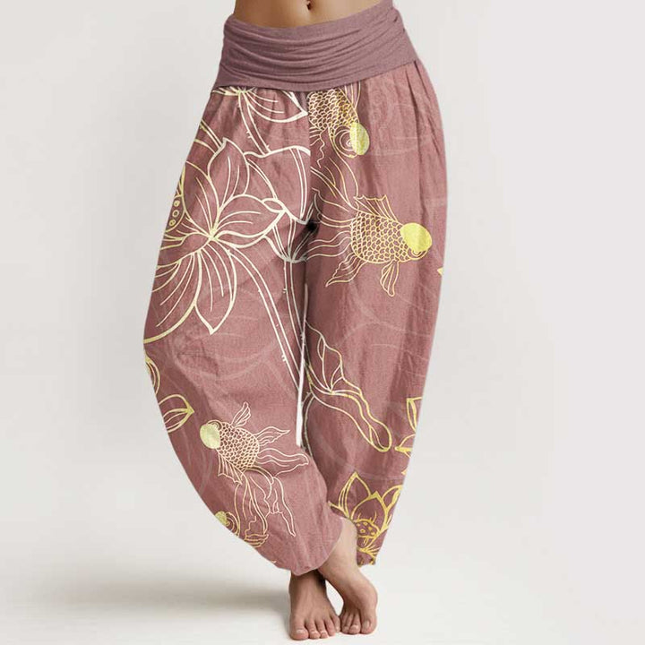 Pantaloni harem da donna con elastico in vita, Buddha Stones, in cotone, con foglie di loto e pesci koi - RossoViolaPale - US22, UK/AU26, EU54 (6XL) - image 13