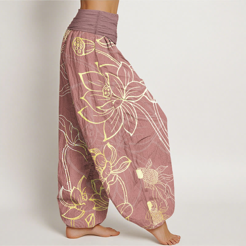 Pantaloni harem da donna con elastico in vita, Buddha Stones, in cotone, con foglie di loto e pesci koi - image 14