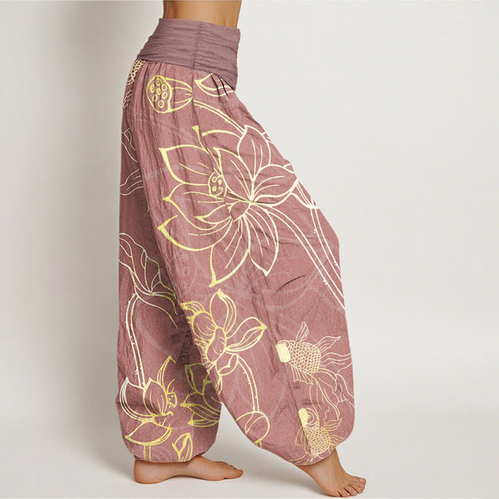 Pantaloni harem da donna con elastico in vita, Buddha Stones, in cotone, con foglie di loto e pesci koi - image 14