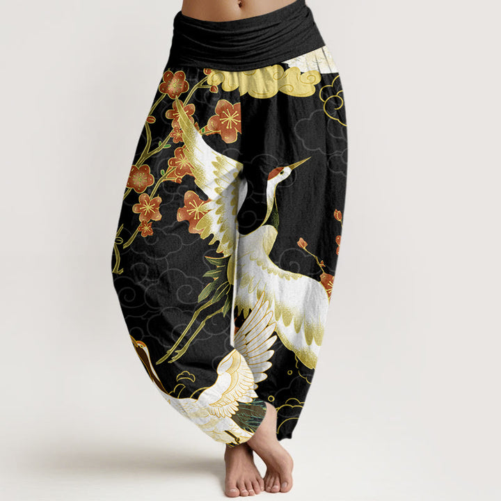 Pantaloni harem da donna in cotone con elastico in vita, motivo Buddha Stones, Gru, Fiori e Nuvole di Buon Auspicio - Nero - US22, UK/AU26, EU54 (6XL) - image 0