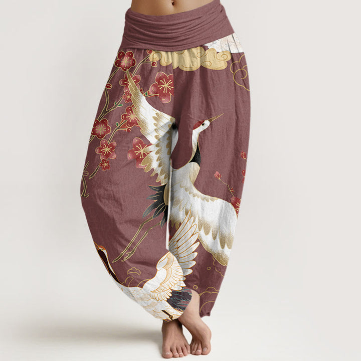 Pantaloni harem da donna in cotone con elastico in vita, motivo Buddha Stones, Gru, Fiori e Nuvole di Buon Auspicio - RossoViolaPale - US22, UK/AU26, EU54 (6XL) - image 5