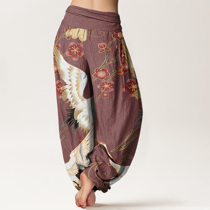 Pantaloni harem da donna in cotone con elastico in vita, motivo Buddha Stones, Gru, Fiori e Nuvole di Buon Auspicio - image 6