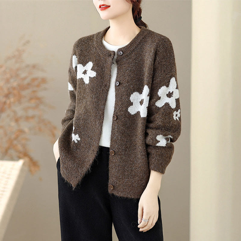 Cardigan lavorato a maglia a maniche lunghe in cotone con bottoni, fiori invernali e pietre Buddha Stones da donna - image 1