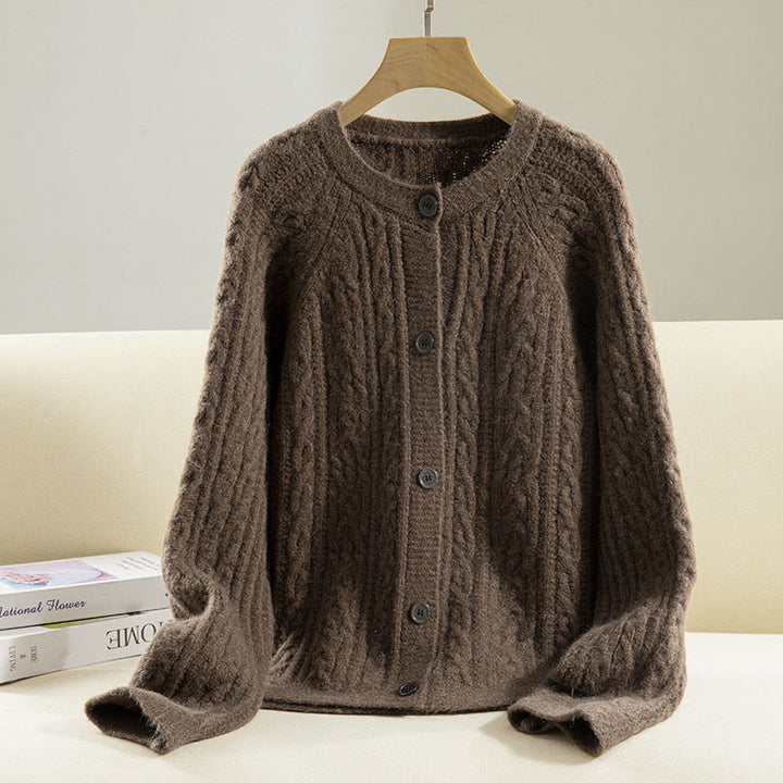 Cardigan lavorato a maglia da donna in cotone a maniche lunghe con bottoni intrecciati, casual invernale, motivo Buddha Stones - Marrone sella - US4, UK/AU8, EU36 (F) - image 0