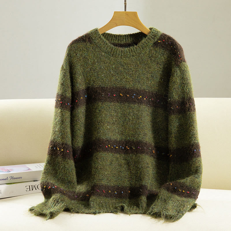 Maglione da donna in cotone con scollo rotondo e maniche lunghe, motivo a strisce invernali Buddha Stones - Verde oliva - US4, UK/AU8, EU36 (F) - image 0