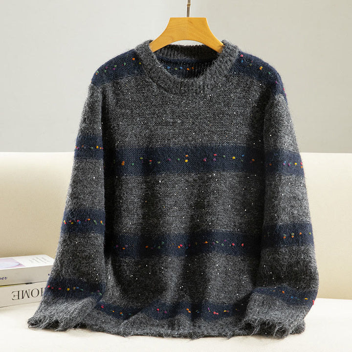 Maglione da donna in cotone con scollo rotondo e maniche lunghe, motivo a strisce invernali Buddha Stones - Grigio tenue - US4, UK/AU8, EU36 (F) - image 17