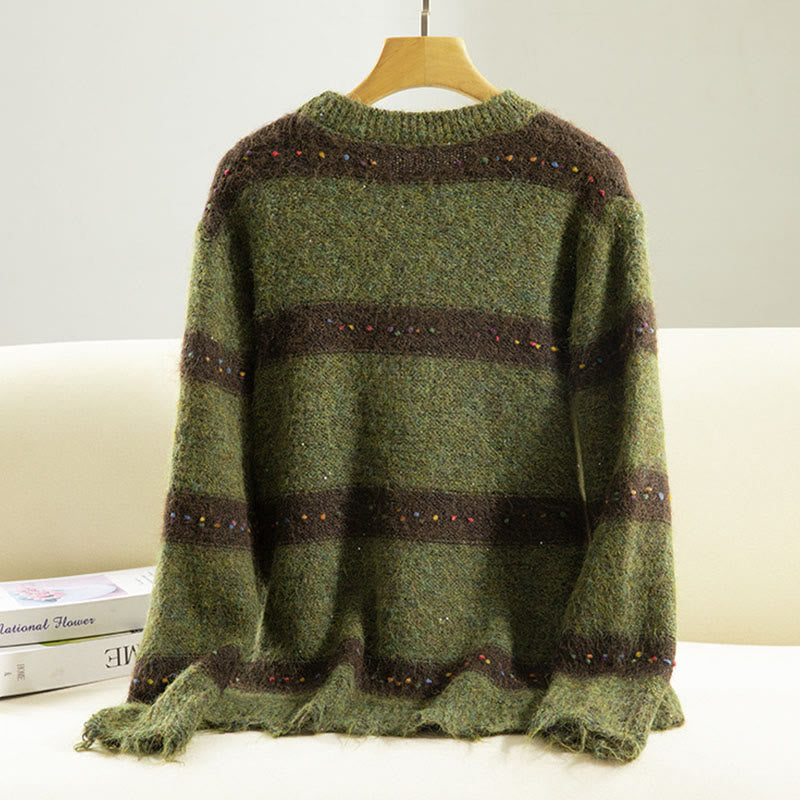 Maglione da donna in cotone con scollo rotondo e maniche lunghe, motivo a strisce invernali Buddha Stones - image 1