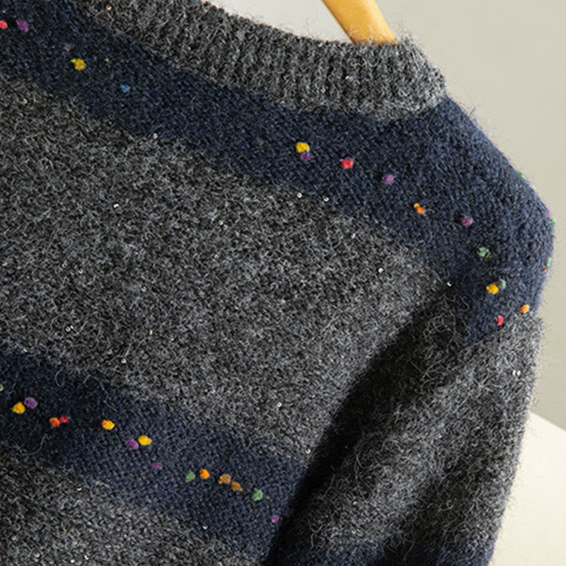 Maglione da donna in cotone con scollo rotondo e maniche lunghe, motivo a strisce invernali Buddha Stones - image 24