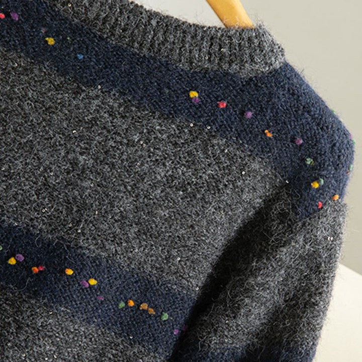 Maglione da donna in cotone con scollo rotondo e maniche lunghe, motivo a strisce invernali Buddha Stones - image 24