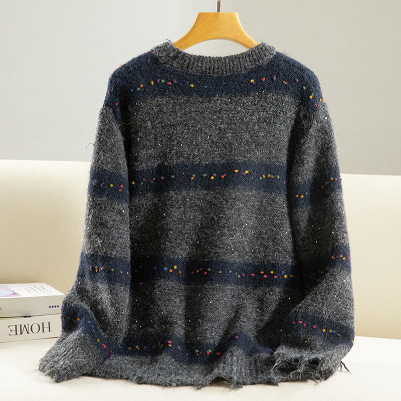Maglione da donna in cotone con scollo rotondo e maniche lunghe, motivo a strisce invernali Buddha Stones - image 18