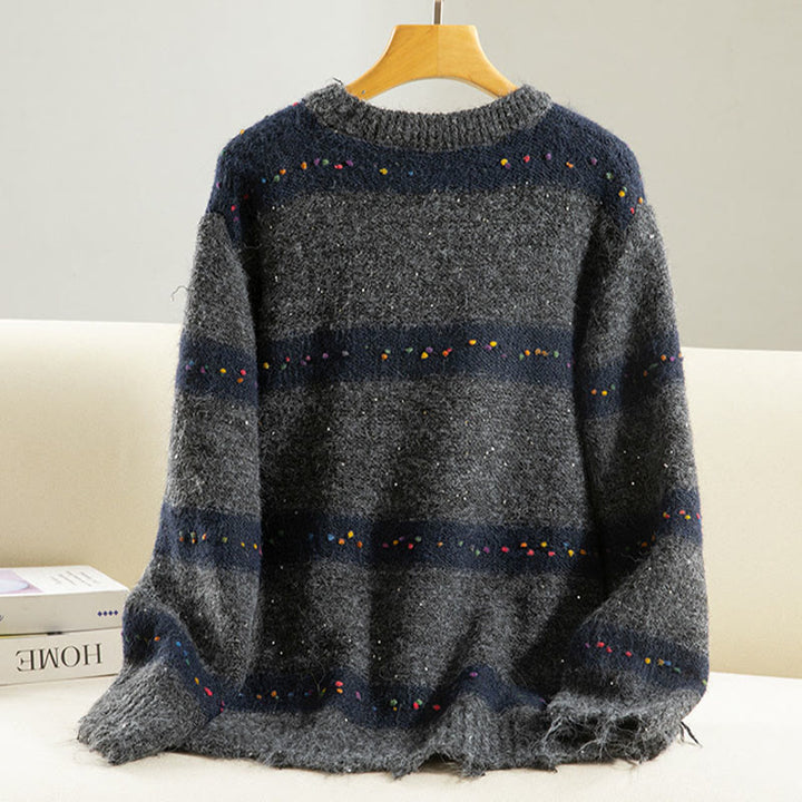 Maglione da donna in cotone con scollo rotondo e maniche lunghe, motivo a strisce invernali Buddha Stones - image 18
