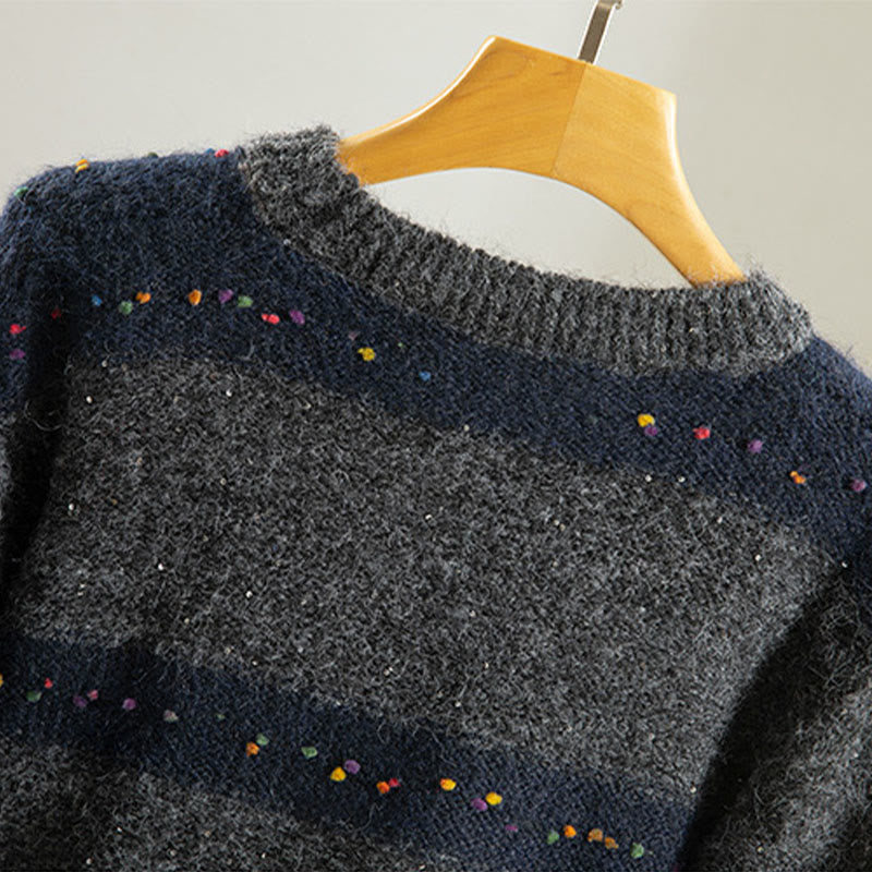 Maglione da donna in cotone con scollo rotondo e maniche lunghe, motivo a strisce invernali Buddha Stones - image 23