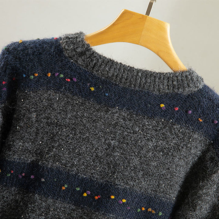 Maglione da donna in cotone con scollo rotondo e maniche lunghe, motivo a strisce invernali Buddha Stones - image 23