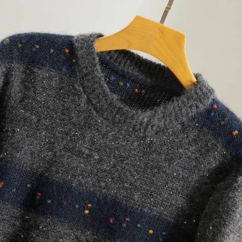 Maglione da donna in cotone con scollo rotondo e maniche lunghe, motivo a strisce invernali Buddha Stones - image 21