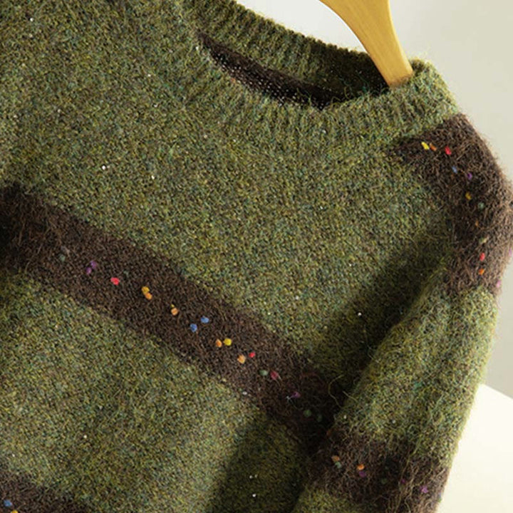 Maglione da donna in cotone con scollo rotondo e maniche lunghe, motivo a strisce invernali Buddha Stones - image 3