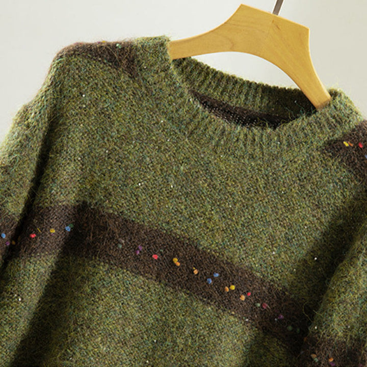 Maglione da donna in cotone con scollo rotondo e maniche lunghe, motivo a strisce invernali Buddha Stones - image 2