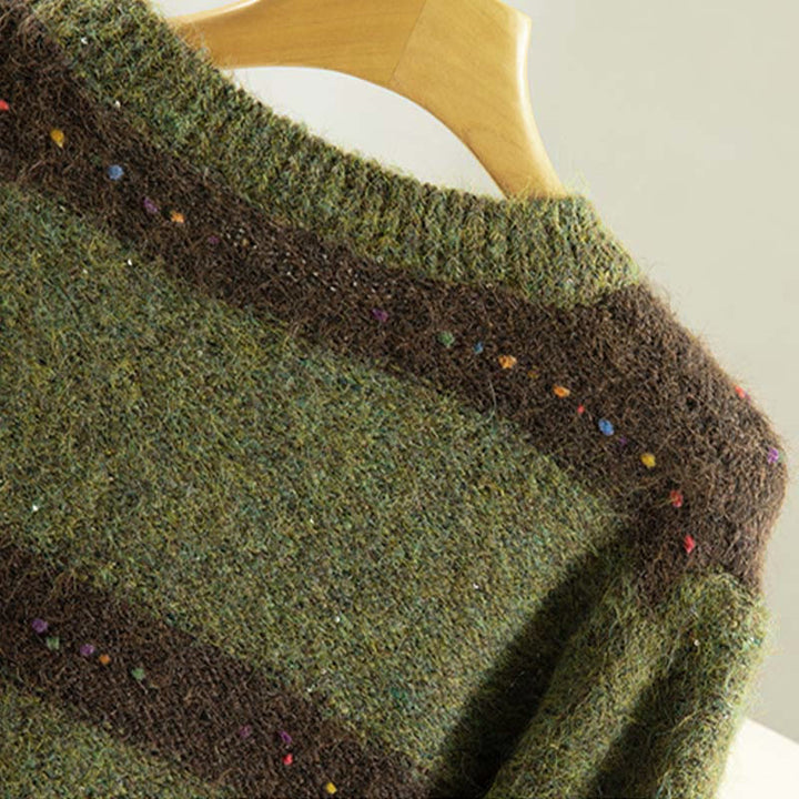 Maglione da donna in cotone con scollo rotondo e maniche lunghe, motivo a strisce invernali Buddha Stones - image 4