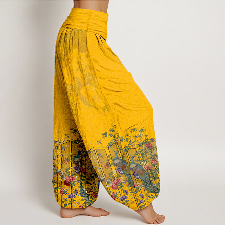 Pantaloni harem da donna con elastico in vita e motivo a fiori di pavone in cotone Buddha Stones - image 2