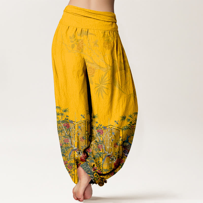 Pantaloni harem da donna con elastico in vita e motivo a fiori di pavone in cotone Buddha Stones - image 1