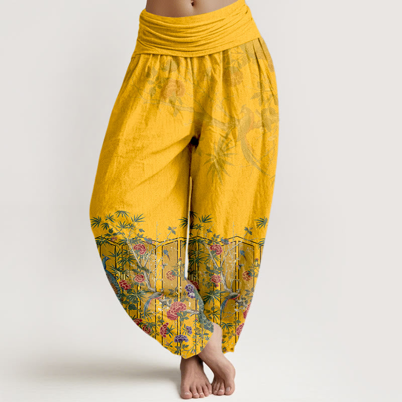 Pantaloni harem da donna con elastico in vita e motivo a fiori di pavone in cotone Buddha Stones - Oro - US16, UK/AU20, EU48 (3XL) - image 0