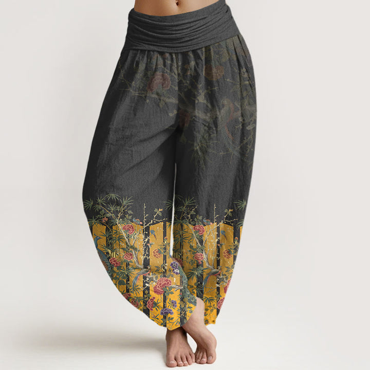 Pantaloni harem da donna con elastico in vita e motivo a fiori di pavone in cotone Buddha Stones - Nero - US16, UK/AU20, EU48 (3XL) - image 5