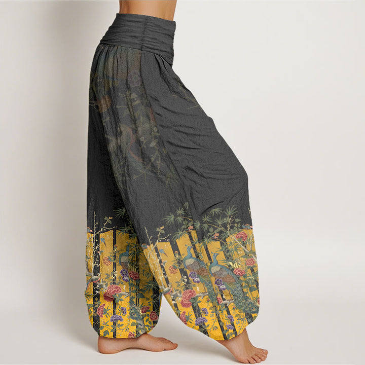Pantaloni harem da donna con elastico in vita e motivo a fiori di pavone in cotone Buddha Stones - image 7