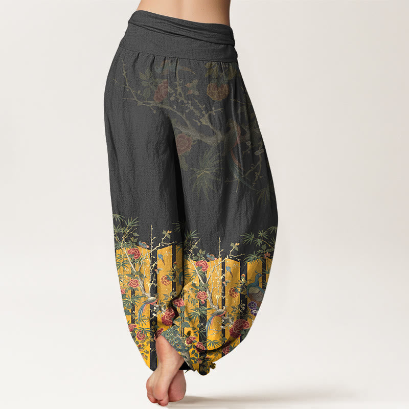 Pantaloni harem da donna con elastico in vita e motivo a fiori di pavone in cotone Buddha Stones - image 6