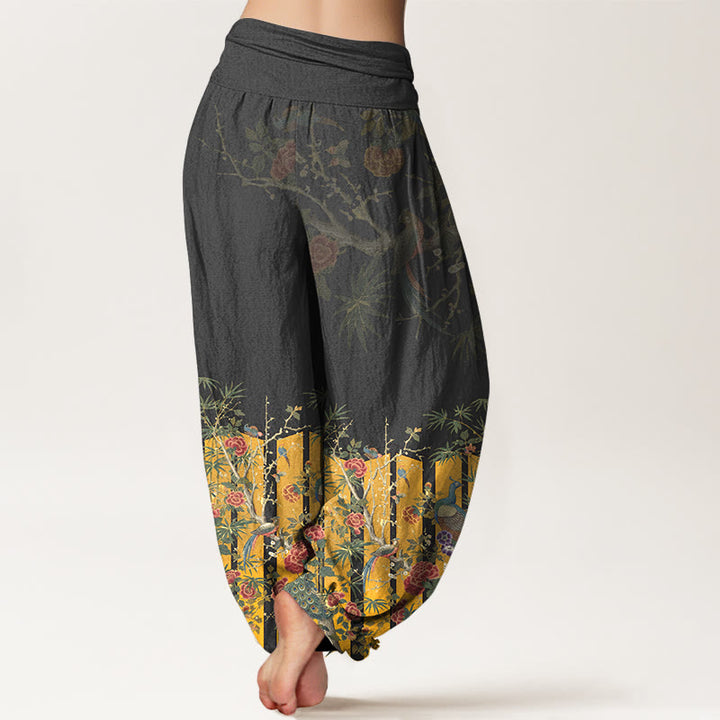 Pantaloni harem da donna con elastico in vita e motivo a fiori di pavone in cotone Buddha Stones - image 6