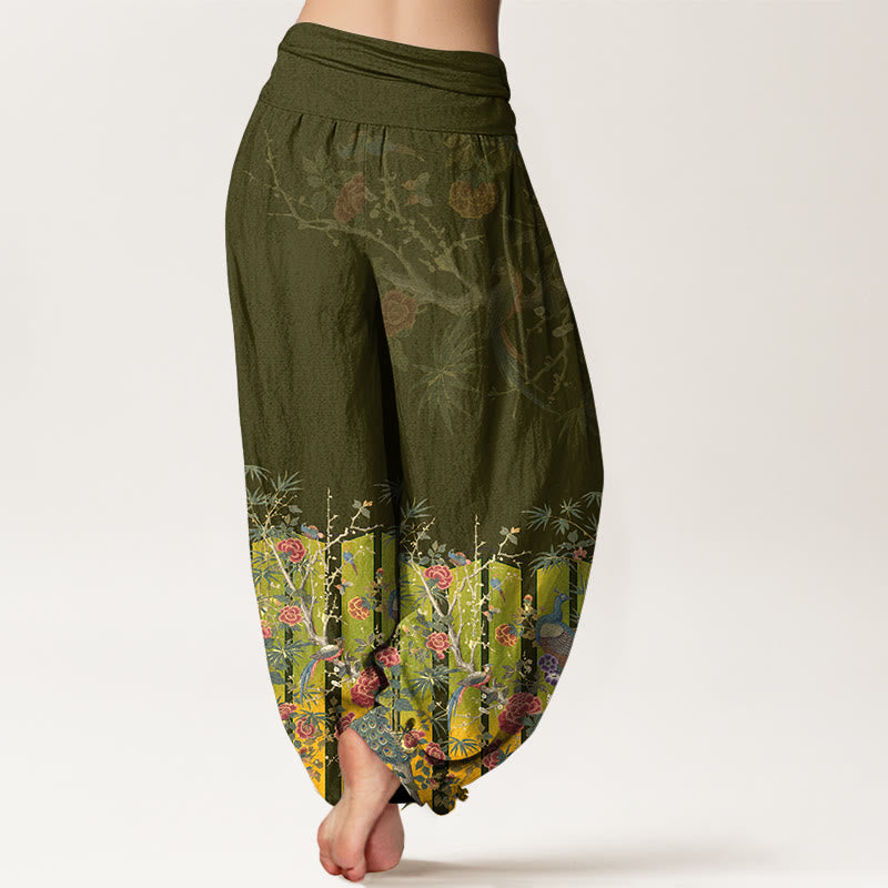 Pantaloni harem da donna con elastico in vita e motivo a fiori di pavone in cotone Buddha Stones - image 9
