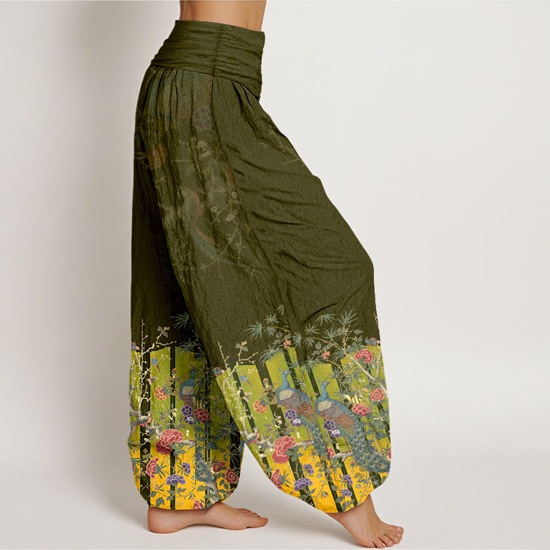 Pantaloni harem da donna con elastico in vita e motivo a fiori di pavone in cotone Buddha Stones - image 10