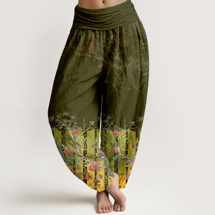Pantaloni harem da donna con elastico in vita e motivo a fiori di pavone in cotone Buddha Stones - Oliva - US16, UK/AU20, EU48 (3XL) - image 8