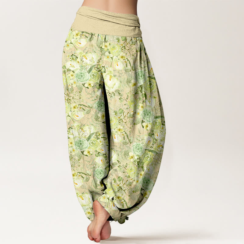 Pantaloni harem da donna con elastico in vita e motivo floreale pastorale in cotone Buddha Stones - image 1