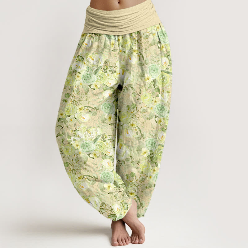 Pantaloni harem da donna con elastico in vita e motivo floreale pastorale in cotone Buddha Stones - LemonChiffon - US16, UK/AU20, EU48 (3XL) - image 0