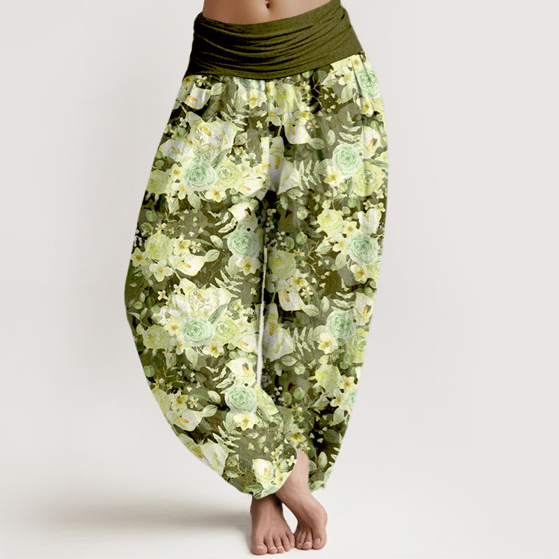 Pantaloni harem da donna con elastico in vita e motivo floreale pastorale in cotone Buddha Stones - Oliva - US16, UK/AU20, EU48 (3XL) - image 5