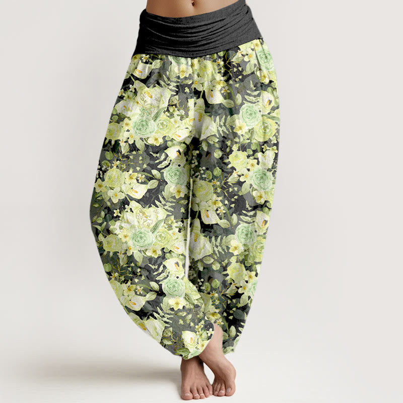 Pantaloni harem da donna con elastico in vita e motivo floreale pastorale in cotone Buddha Stones - Nero - US16, UK/AU20, EU48 (3XL) - image 8