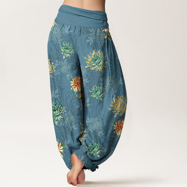 Pantaloni harem da Buddha Stones con elastico in vita, motivo crisantemo, in cotone, vari colori - image 1