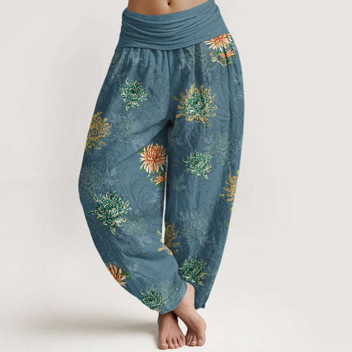 Pantaloni harem da Buddha Stones con elastico in vita, motivo crisantemo, in cotone, vari colori - CadetBlue - US16, UK/AU20, EU48 (3XL) - image 0