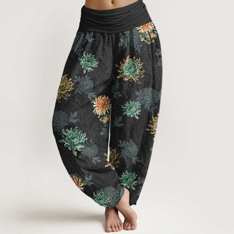 Pantaloni harem da Buddha Stones con elastico in vita, motivo crisantemo, in cotone, vari colori - Nero - US16, UK/AU20, EU48 (3XL) - image 5