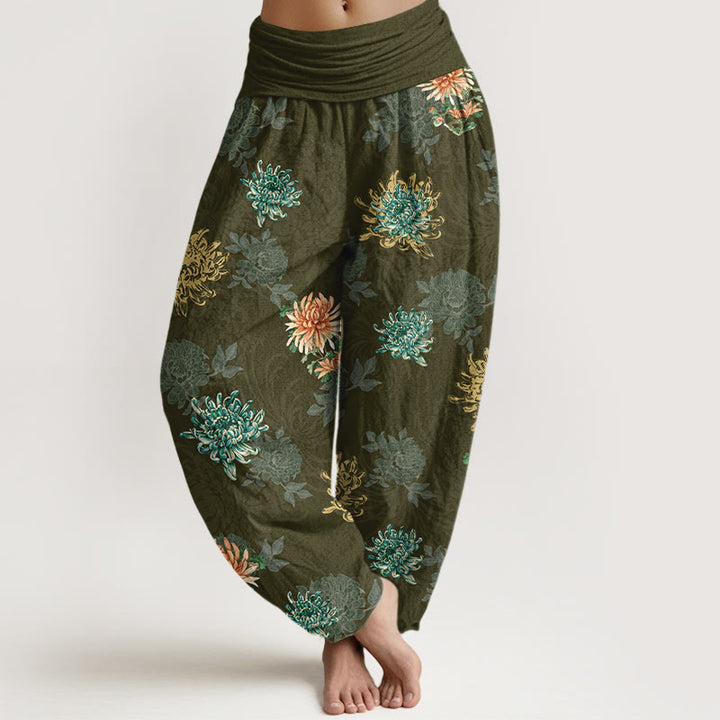 Pantaloni harem da Buddha Stones con elastico in vita, motivo crisantemo, in cotone, vari colori - Oliva - US16, UK/AU20, EU48 (3XL) - image 8