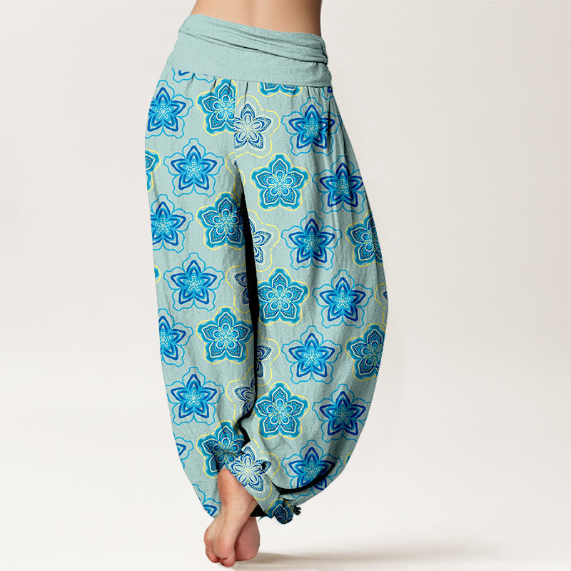 Pantaloni harem da donna con elastico in vita e motivo floreale a cinque petali in cotone con motivo Buddha Stones - image 1